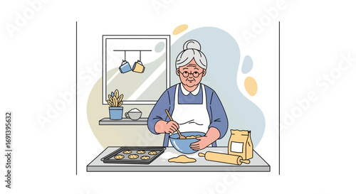 Grandma Baking Cookies Sweet Home Kitchen Illustration