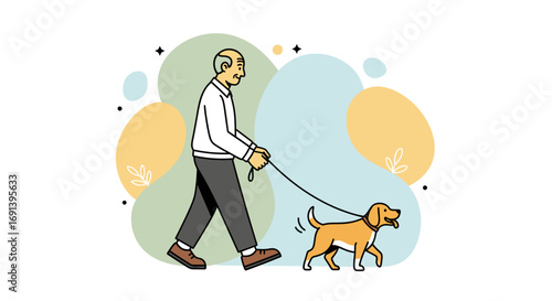 Happy Senior Man Walking Dog Vector Illustration