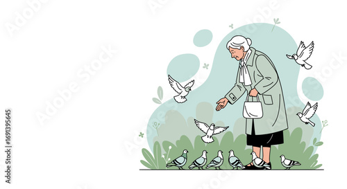 Elderly Woman Feeding Pigeons in a Park Kindness Peace and Nature Illustration