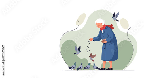 Elderly Woman Feeding Pigeons in a Park A Peaceful Scene of Kindness and Nature