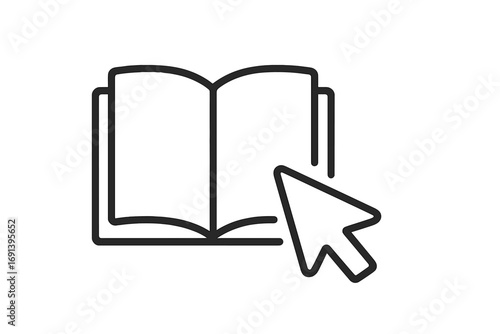 E-learning icon. Online education concept. Click on book. Digital library symbol. Online courses, studying, reading. Knowledge base. Information research. Mouse cursor pointer.