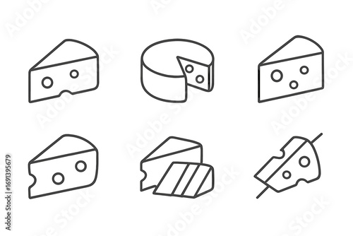 Cheese line icon pack. Minimalistic pictogram set for web and graphic design. Vector outline symbols of swiss cheese wedge, slice, and wheel for dairy food menu or logo.
