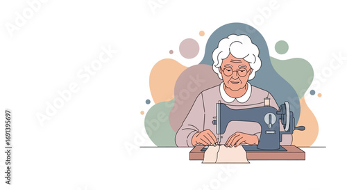 Elderly Woman Sewing on Vintage Sewing Machine Vector Illustration