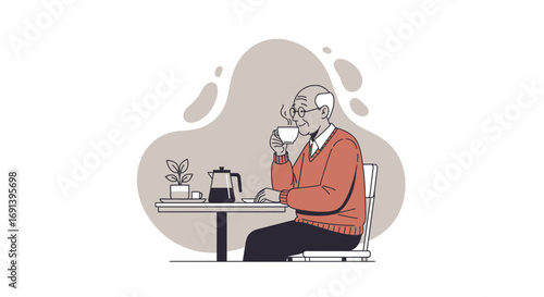 Relaxed Senior Man Enjoying Coffee at a Cafe Vector Illustration
