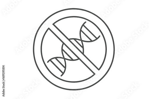 Non-GMO icon, No DNA sign. Genetic engineering prohibited symbol. Healthy food product label. Gene modification forbidden pictogram. Vector line art illustration concept.