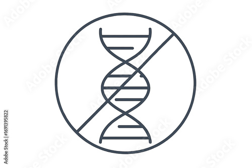 No DNA sign. GMO free icon. Forbidden genetics symbol. Stop genetic engineering concept. Anti-gene modification pictogram. Non-GMO. Minimalistic line art vector illustration.