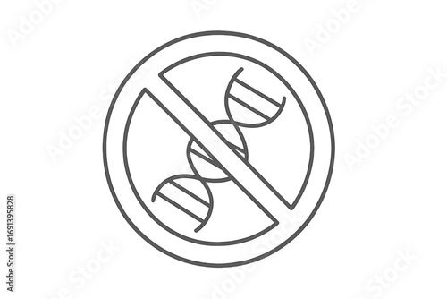 No DNA icon. GMO free symbol. Genetic engineering prohibited sign. Vector line pictogram for non-GMO food label. Stop gene editing concept. Ban on genetic modification.