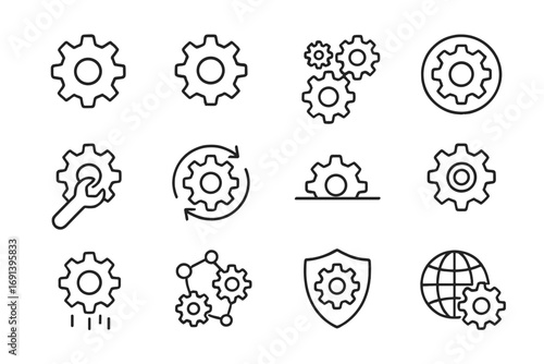Gear line icons set. Cogwheel and settings symbols. Concepts for process, configuration, engineering, repair, workflow, security, and global automation. Vector outline icon pack.