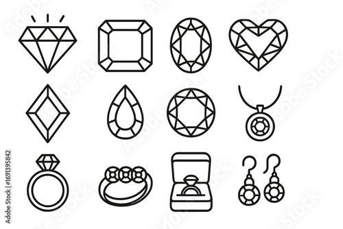 Jewelry line icon set. Diamond, gem, and precious stone outline symbols. Vector icons for engagement ring, wedding, necklace, and earrings. Luxury and fashion concept design.