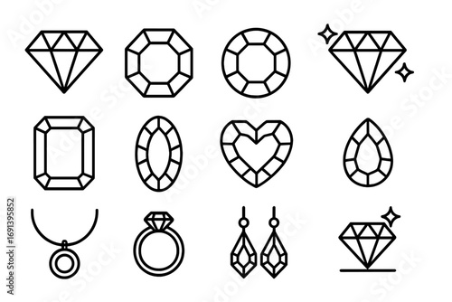 Diamond line icons. Jewelry, gemstone and crystal outline symbol set. Precious luxury concepts. Ring, necklace, earrings. Sparkle, brilliant and fashion vector graphics.