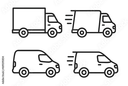 Delivery truck van icon set. Fast shipping, logistics and transport symbols. Lorry, vehicle, cargo, freight line icons. Express service, moving pictogram for web, ui, app. Editable stroke vector.