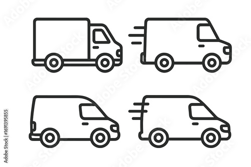 Delivery truck van icon set vector. Fast shipping, express cargo service symbols. Commercial vehicle, transport and logistics line icons for web, UI, app. Editable stroke.