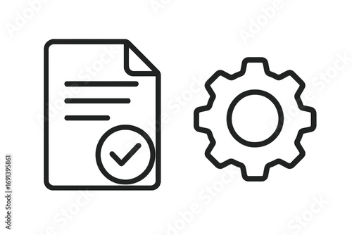 Process complete icon. Document with checkmark and gear. Concept of project management, task done, system configuration, technical settings, approved report, and success.