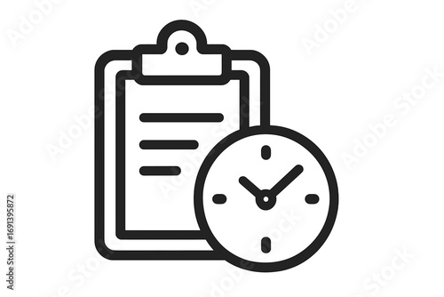 Time management icon with clipboard and clock. Project planning, schedule, deadline, and task management concept. Business productivity, workflow organization symbol. Report.