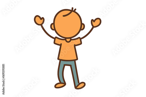 Happy excited boy with hands up celebrating success. Cute cartoon character, vector illustration for kids. Joyful child winning, achievement concept. Simple doodle person icon.