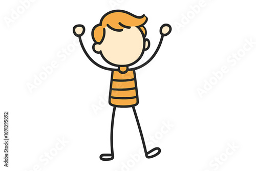 Happy stick figure celebrating success. Simple doodle character with arms up expressing joy. Cute boy cartoon metaphor for winning, achievement, and positive emotions.