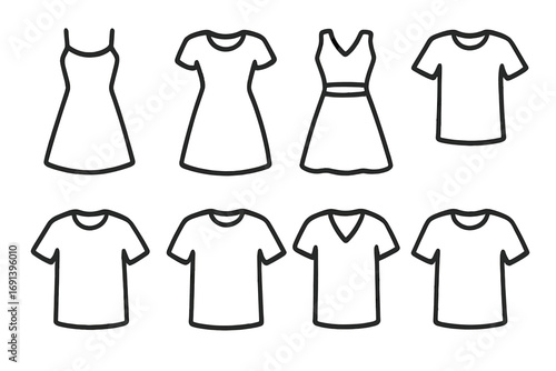 Dresses and T-shirts icon set. Clothing outline collection. Simple linear apparel for web, apps. Fashion garment, wardrobe pictogram. Vector editable stroke.