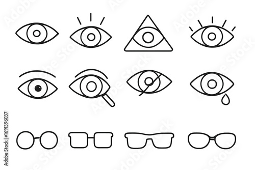 Eye & glasses line icon set. Vision, optometry, ophthalmology concepts. Includes symbols for sight, blindness, crying tear, search & different eyewear styles. All-seeing eye.