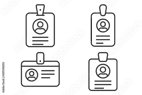 Employee ID badge outline icon set. Staff identification card collection. Corporate access pass symbol. Security name tag vector illustration. Line art press credential with editable stroke.