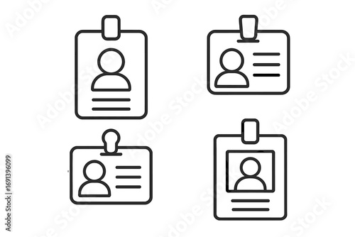 Employee ID badge outline icon set. Collection of access cards, security pass & name tag symbols. Concept for staff identification, corporate identity, personal data & profile.