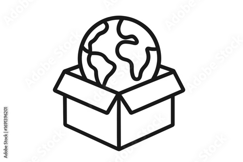 Global shipping and logistics concept. Earth globe in a box icon. Worldwide delivery service symbol. International business and e-commerce metaphor. Vector outline illustration.