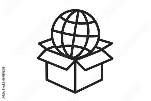 Global business logistics concept. Worldwide shipping service icon. Earth globe emerging from an open box. International trade and e-commerce vector outline illustration.