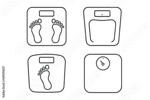 Bathroom floor scale thin line icon set. Weight measurement vector icons. Concept for diet, health, fitness, body mass, and weight loss. Healthy lifestyle outline symbols.