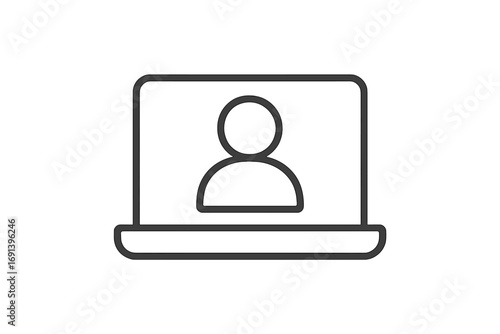 User profile account icon on laptop screen line art. Concept for remote work, video conference, webinar, online meeting. Login page symbol for web and app interface. E-learning.