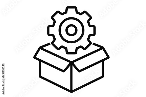 Product development icon. Gear in open box. Manufacturing, setup, configuration. Metaphor for thinking outside the box, innovation, creative solution. Unboxing a new service.