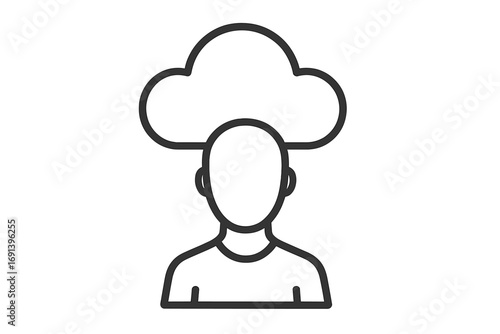 Cloud user avatar linear icon. Personal data storage & cloud computing concept. Head in clouds metaphor for imagination, psychology, mental state, brain fog, thinking.