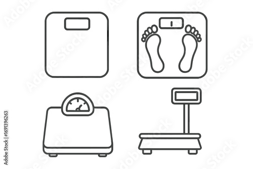 Floor scale & bathroom weight measurement thin line icon set. Health, diet, fitness & body mass outline vector symbols. Signs for graphic design, web & mobile apps.
