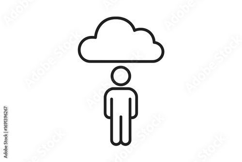 Person cloud head icon. Cloud computing, data storage, user profile concept. Mental health, depression, sadness, thinking, imagination, brain fog metaphor. Editable stroke.