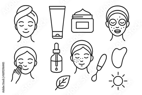 Line art skincare icons set for beauty and skincare concept, facial care routine, cosmetic products, natural treatment illustration, vector cartoon with transparent background