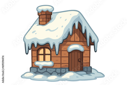 Cartoon winter house illustration. Snowy wooden cabin with snow on roof. Frozen home icon for christmas holiday. Cozy cottage vector graphic for web, app, card, design.