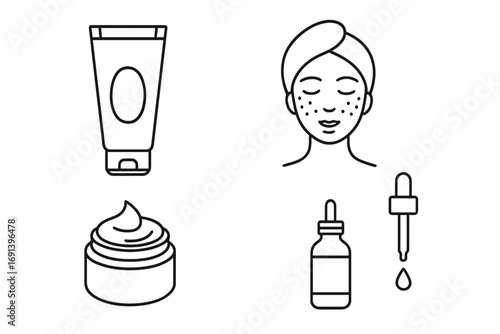 Linear skincare set vector illustration with face treatment, cream jar, serum dropper bottle, and cosmetic tube. Beauty routine icons, skin care concept, transparent background graphic design.
