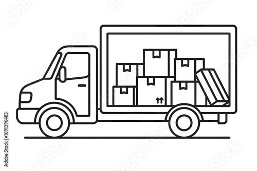 Delivery truck with stacked boxes line art, logistics concept, cargo shipment, parcel delivery, transportation vector, moving service, package transport outline illustration, transparent background