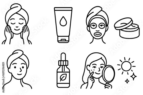 Skincare routine icons set with face mask, serum bottle, moisturizer, self-care facial treatment, beauty and spa vector illustrations for wellness, skin health, and daily cosmetic care
