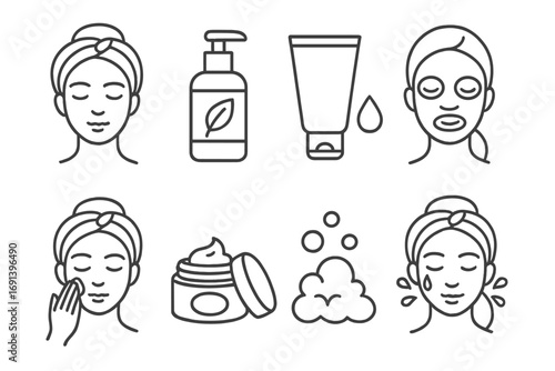 Line art vector set of skincare routine icons with woman applying cosmetics, moisturizer cream jar, cleanser foam, facial mask and natural lotion bottle, beauty care concept illustration