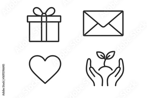 Charity and donation outline icon set. Gift, love, mail and care for nature symbols. Simple vector line art for philanthropy, volunteering and social work concepts.
