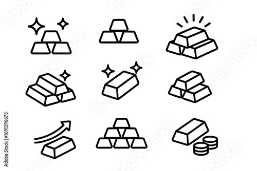 Gold bars line icon set vector. Finance, investment, and wealth concept. Golden ingot, bullion, and treasure symbols for banking success and financial growth illustration.
