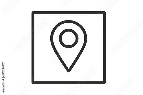 Location map pin icon in square frame. Navigation marker symbol. Outline linear vector illustration for graphic design, web apps, adverts, digital cards, UI elements. Transparent background.