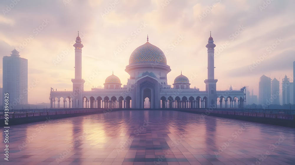 Naklejka premium Majestic mosque at dawn, bathed in soft light.