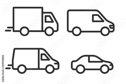 Delivery truck, van, car line icon set. Logistics and transport vehicle symbols. Fast shipping and freight service concept. Editable stroke vector pictogram collection for web.