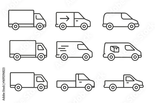 Delivery truck and van icon set. Logistics and shipping transport vehicle line icons. Collection of commercial cargo trucks, pickups and courier vans for web and apps. Editable stroke vector.