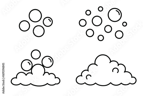 Bubble and foam icon set. Editable stroke vector illustration for graphic design. Soap suds, fizzy drink, or water effect elements. Line art cartoon style collection.