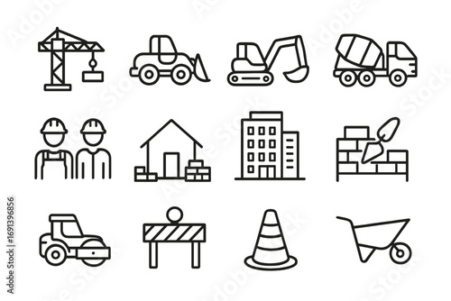 Construction industry line icon set. Building site elements. Crane, excavator, truck, builder, house icons. Engineering and architecture pictograms. Vector editable stroke.