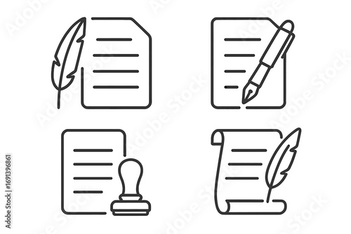 Document and writing icon set with quill pen, stamp, and scroll. Vector line art for legal contract, history, or notary concepts. Editable stroke icons for signature and approval.