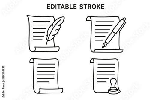 Document icon collection, vector line art set. Paper scroll with quill pen, modern pen for signature, and notary stamp. For legal contracts, history, official papers. Editable stroke.