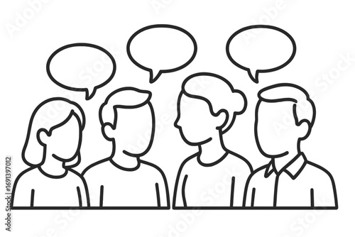 Faceless people talking vector outline icon. Communication, dialogue, discussion, and teamwork concept. Social interaction, brainstorming, and meeting symbol with speech bubbles.