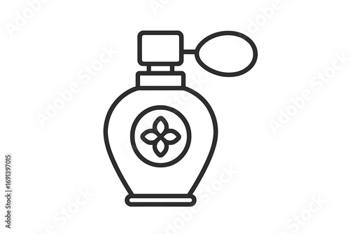 Elegant perfume bottle line art with floral design, vintage fragrance atomizer icon for graphic design, websites, cards, books, articles, transparent background vector illustration